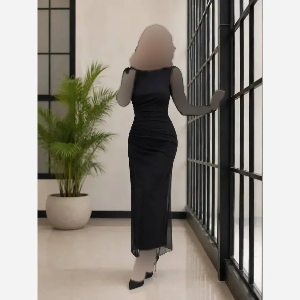 پیراهن مجلسی زنانه مشکی جنس تور و آستر قد 135 پشت چاکدار سایزبندی