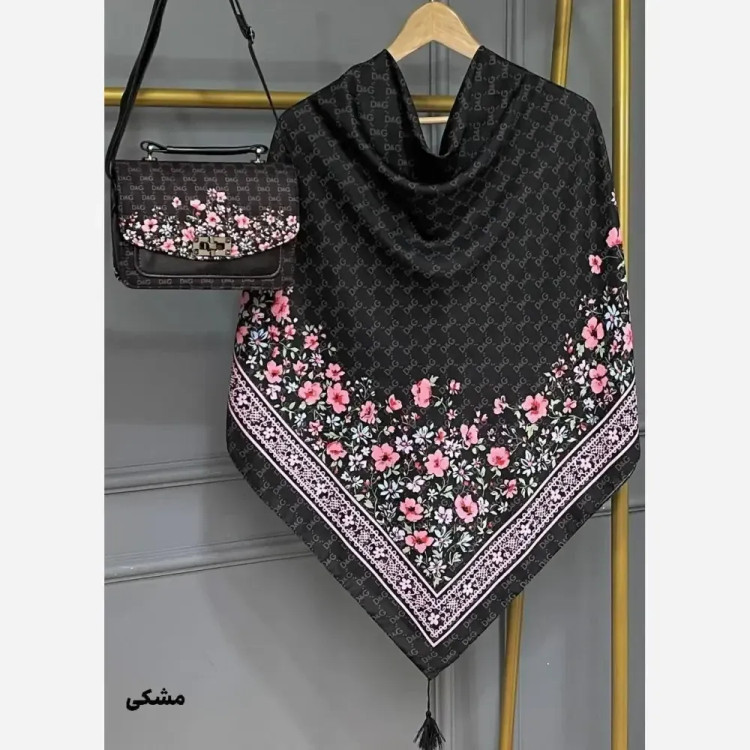 ست کیف و روسری مخمل و چرم صنعتی نخی منگوله دار طرح گل دی